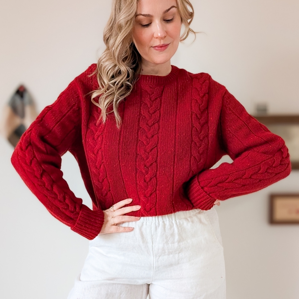 Vintage Wool Cable Knit 90s Red Crew Neck Sweater
